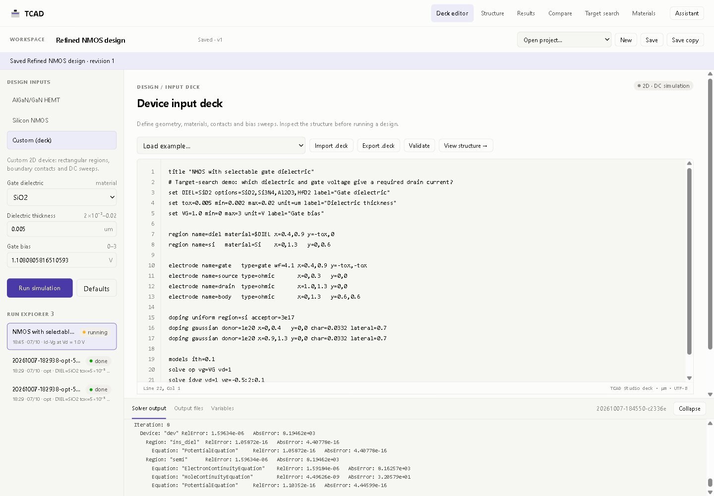 Greater Today TCAD deck editor with a numbered input deck and live solver output